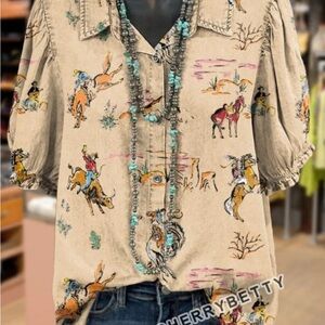 Western Print Beige Blouse